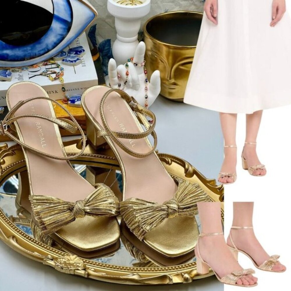 🆕 LOEFFLER RANDALL 🧿 NWOT Kimora Metallic Bow Ankle Strap Sandals, Gold Sz 7.5